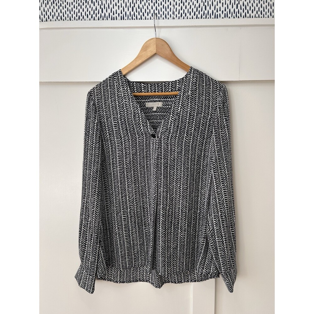 Hobbs Women's Black White Geometric Print V-Neck Button Long Sleeve Blouse US 8